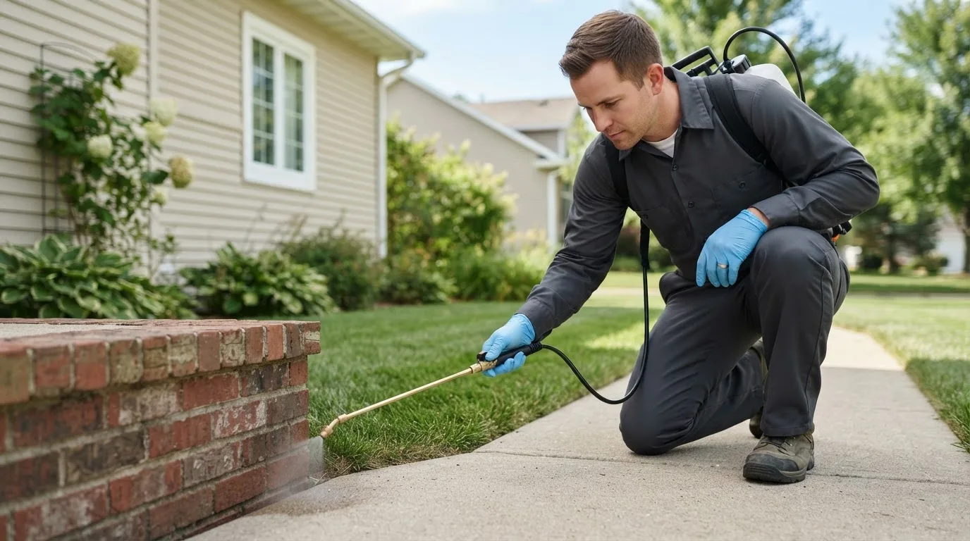 Pest control technician treating a home near Brocket, ND